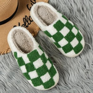 Damskie ocieplane futrzane klapki w kratkę