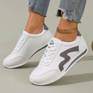 Sneakersy Damskie Białe Sportowe Buty Sznurowane ze Wstawkami Skóra PU
