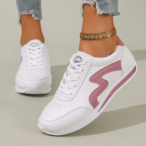 Sneakersy Damskie Białe Sportowe Buty Sznurowane ze Wstawkami Skóra PU