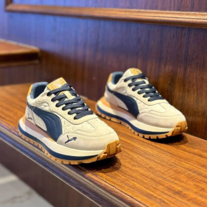 Męskie Sneakersy Sportowe Jasnobeżowe Granatowe Buty Skórzane na Podwyższanej Podeszwie