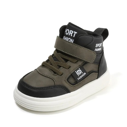 Zielono-czarny wysoki sneaker dziecięcy khaki ze skóry PU na rzep profil boczny