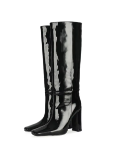 Kozaki Damskie Czarne Lakierowane Połysk Wsuwane Kwadratowy Nosek Obcas Słupkowy 10cm Eleganckie