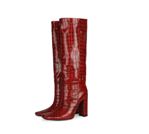 Kozaki Damskie Czerwone Lakierowane Wzór Krokodyla Połysk Wsuwane Kwadratowy Nosek Obcas Słupkowy 10cm Eleganckie