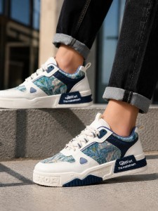 Retro Sneakersy Skate Streetwear – Męskie Buty Color Block z Artystycznym Wzorem