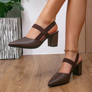 Brązowe Czółenka na Słupku 7 cm z Odkrytą Piętą – Eleganckie Sandały Damskie